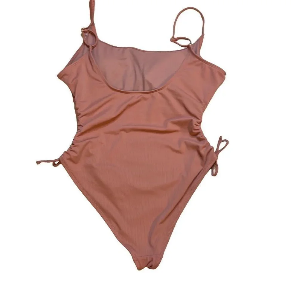 Tahiti Women's Pink Sexy Ruched Draw String One Piece Swimsuit Size Large